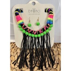 Da Vinci Neon Dangling Black Fringe Necklace/Earring Set Punk 80s Rocker